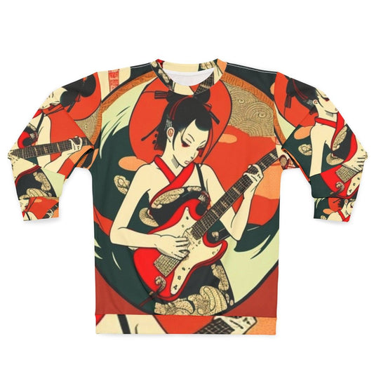 Japanese girl playing guitar on a stylish sweatshirt