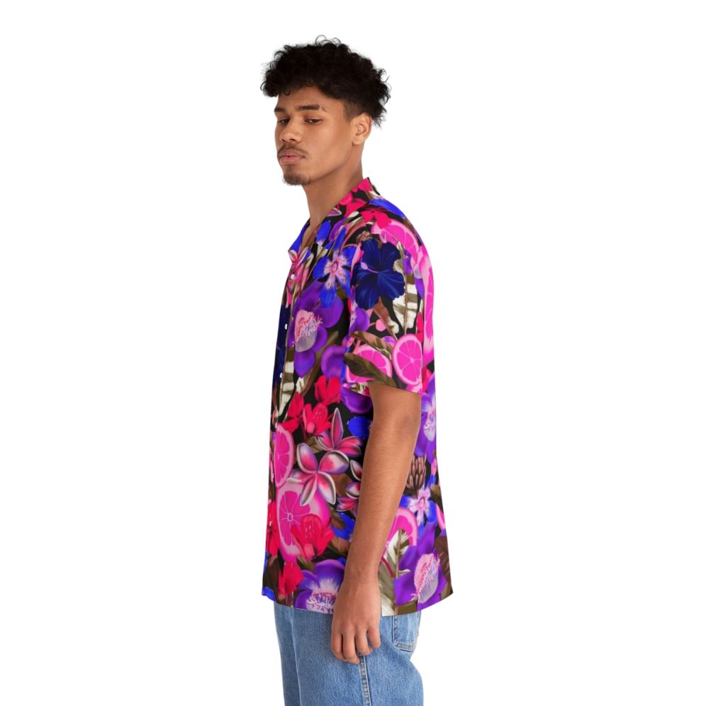 blue hawaiian shirt with colorful floral and fruit pattern - People Left