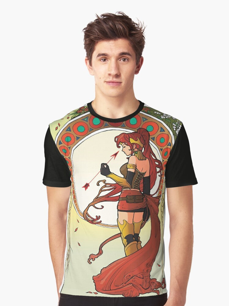 Graphic t-shirt featuring Pyrrha Nikos, a redheaded gladiator-inspired character from the anime series RWBY, in an art nouveau style design. - Men