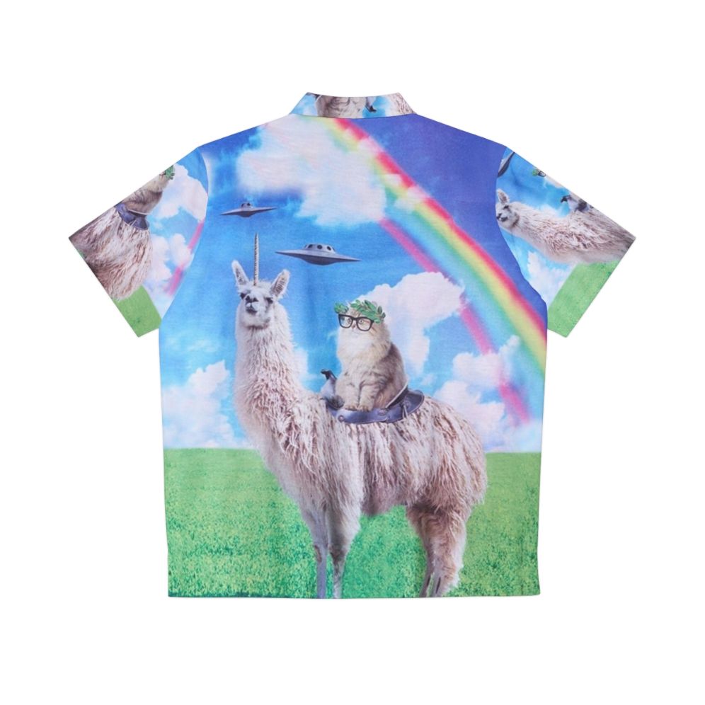 A vibrant Hawaiian shirt featuring a cat riding a llama unicorn in a space-themed cosmic design. - Back