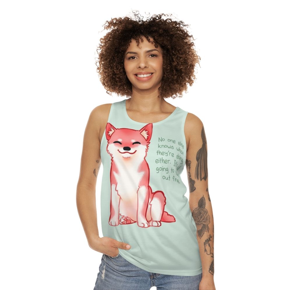 Shiba Inu unisex tank top with motivational "No One Knows What They're Doing" text - women