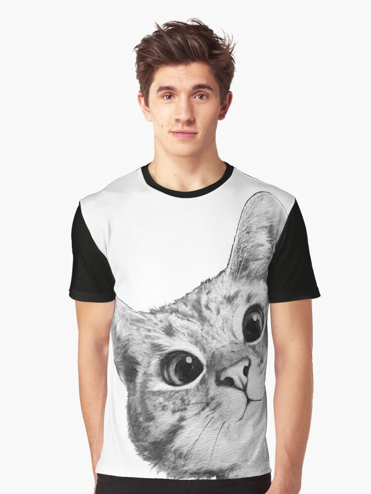 A black and white graphic t-shirt design featuring a sneaky, peekaboo cat or kitten with a humorous, cute, and funny expression. - Men