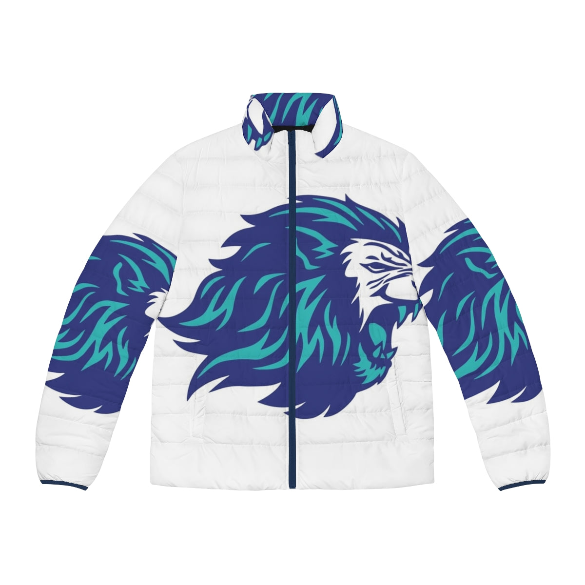 Blue puffer jacket with animal power graphic