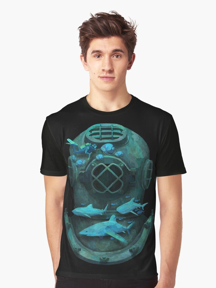 A graphic t-shirt design featuring a whimsical underwater scene with a diver, sharks, and marine life - Men