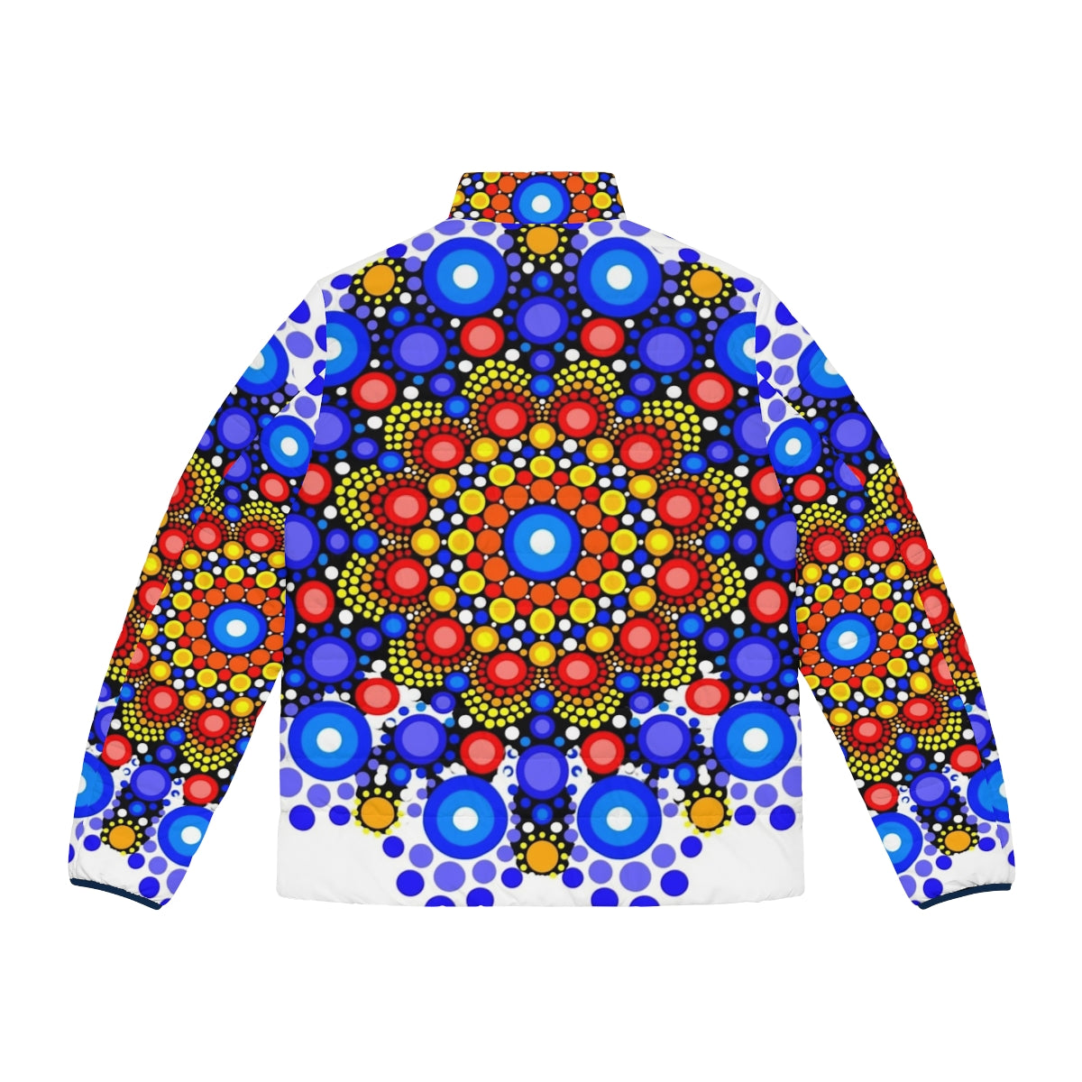 Vibrant circle pattern puffer jacket with a colorful and geometric mandala design - Back