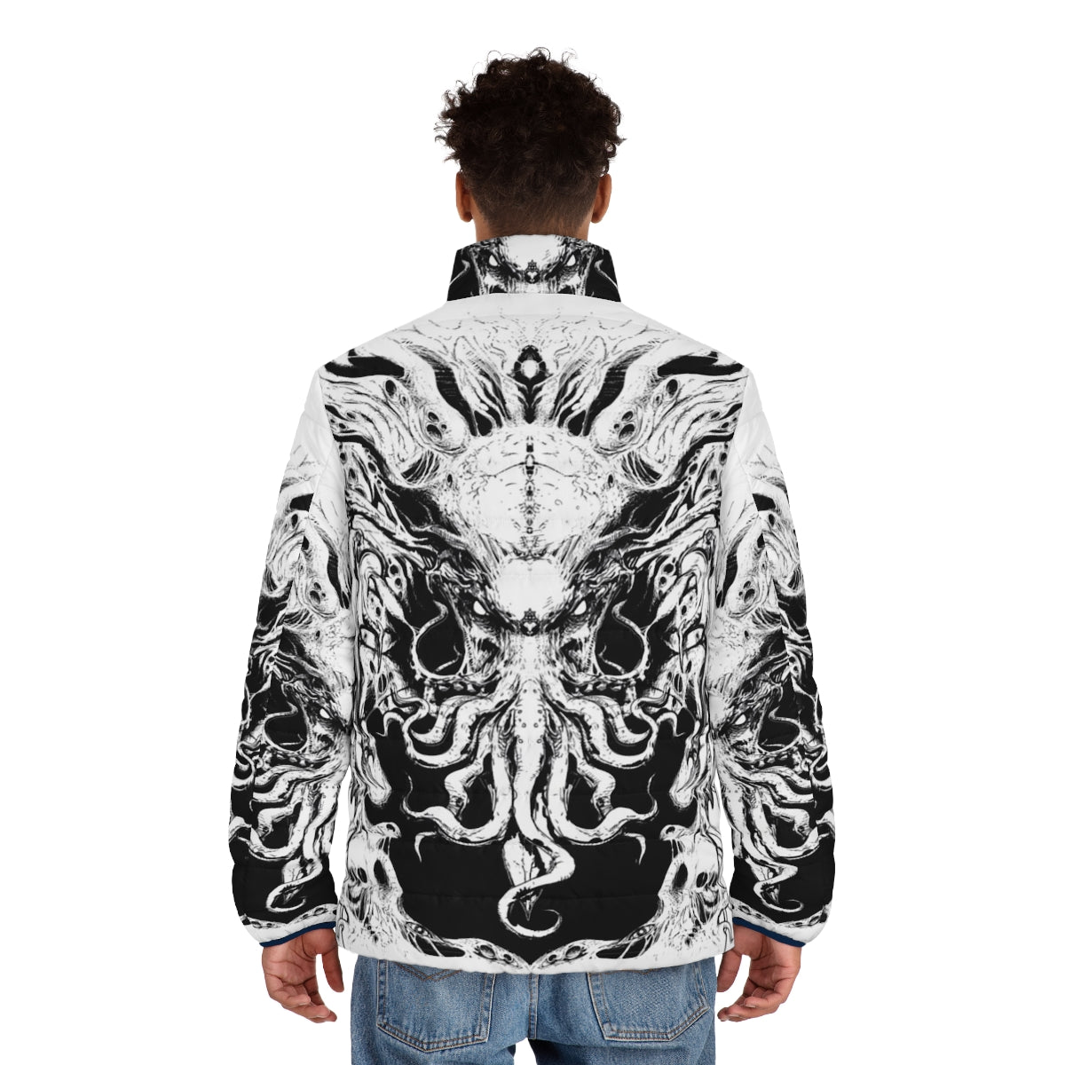 Cthulhu puffer jacket with cosmic horror design - men back