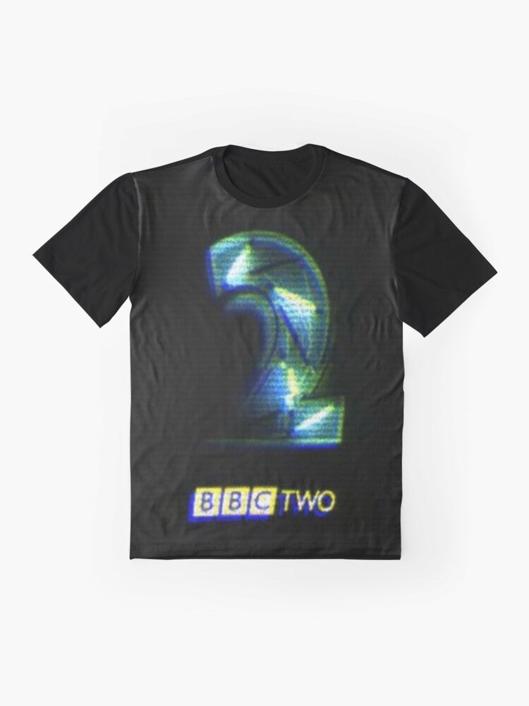 Vibrant neon BBC 2 logo graphic on a retro-style t-shirt for 90s fans - Flat lay