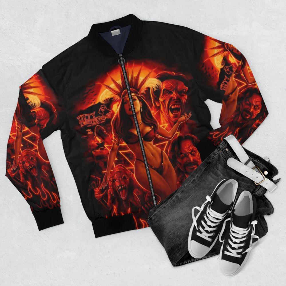 Satanico Pandemonium Bomber Jacket featuring the iconic character from the horror film From Dusk Till Dawn - Flat lay