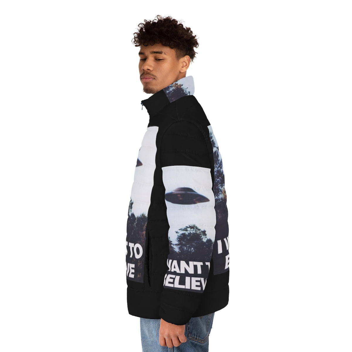 Paranormal-themed X-Files puffer jacket with "I Want to Believe" graphics - men side left