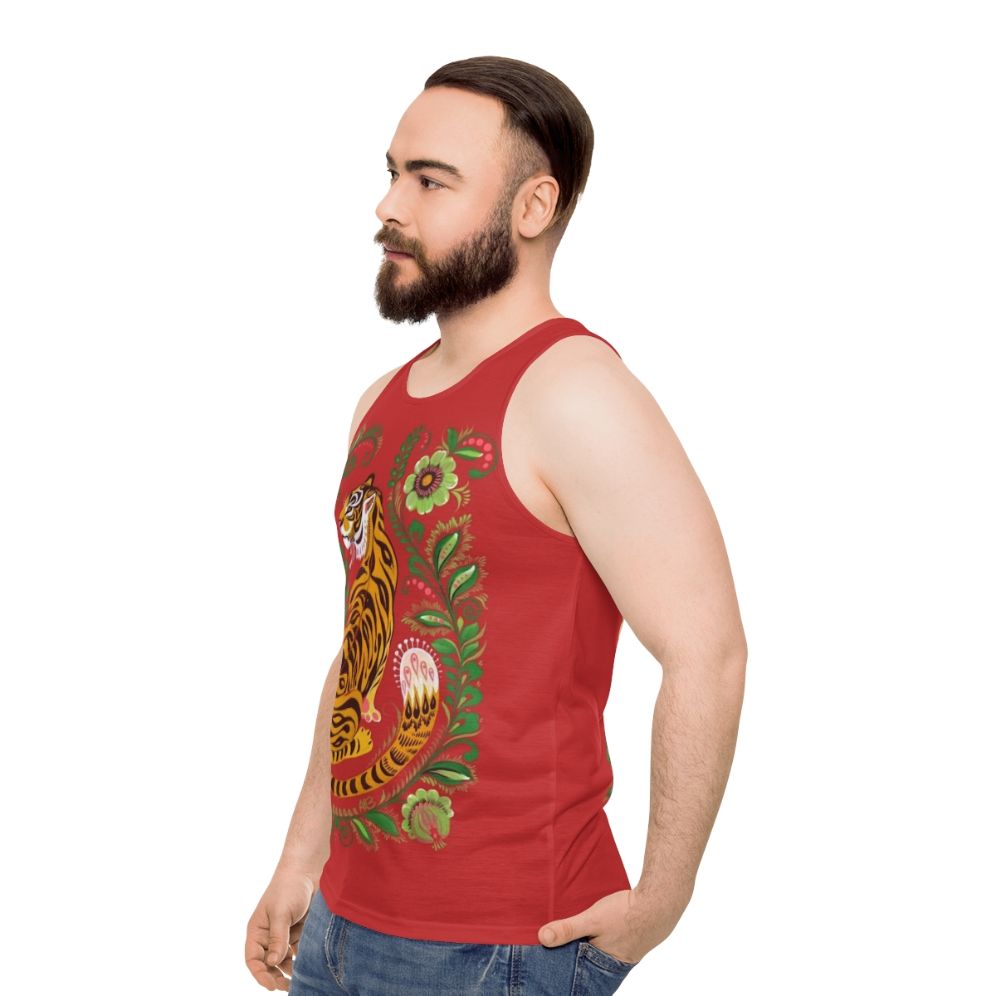 Unisex tank top with vibrant tiger folk art design - men side