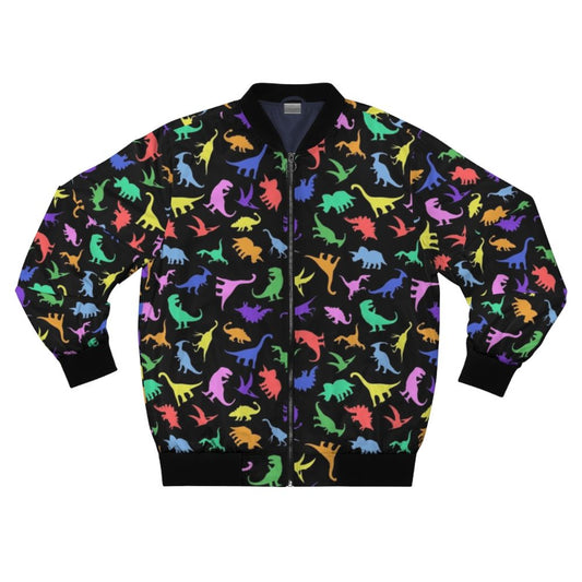 Dinosaur pattern bomber jacket with a black background