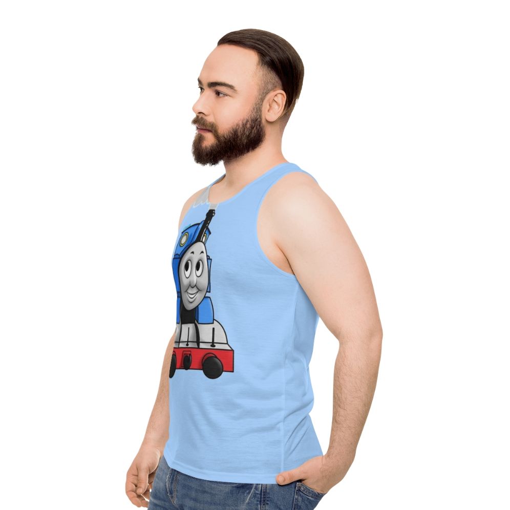 Vintage illustration of Thomas the Tank Engine on a unisex tank top - men side