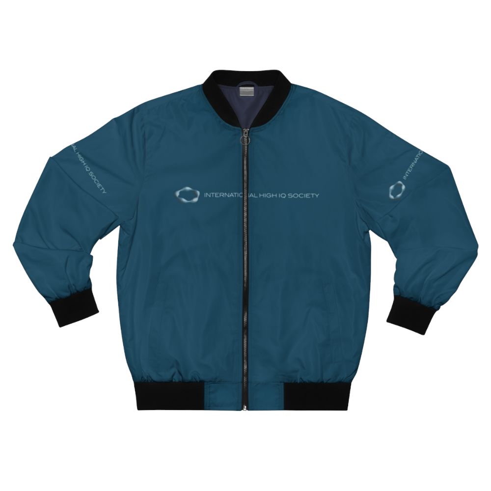 Blue bomber jacket with High IQ Society logo, featuring a gifted and intellectual design