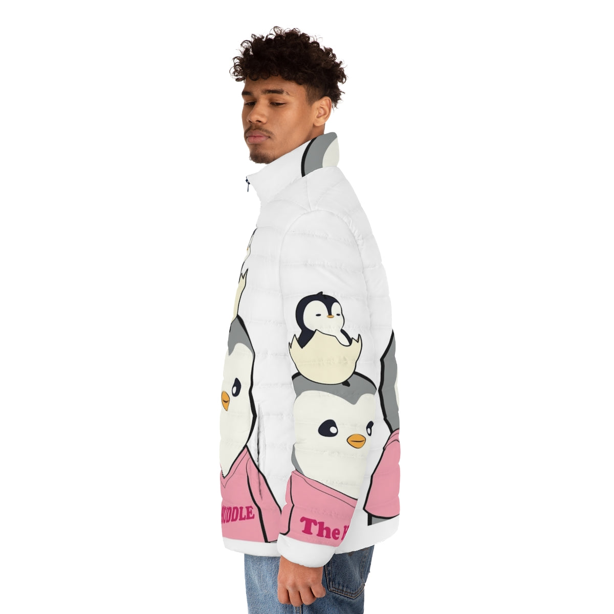 Cartoon Pudgy Penguin NFT Puffer Jacket with Cute Avatar Design - men side left