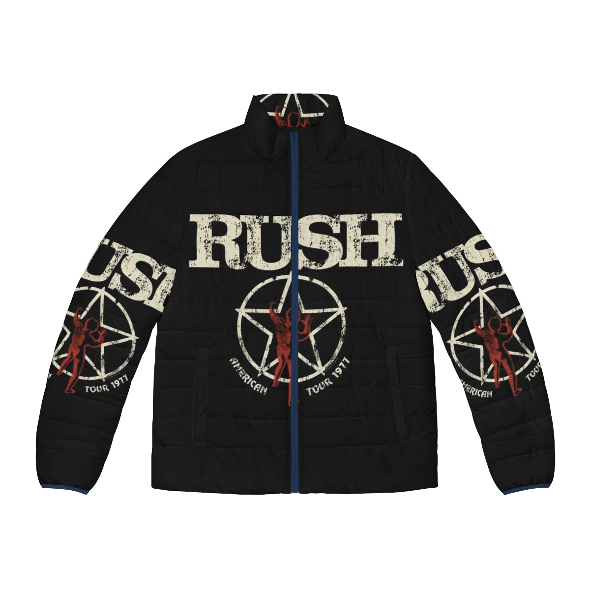 Rush band logo on retro-style puffer jacket for music fans