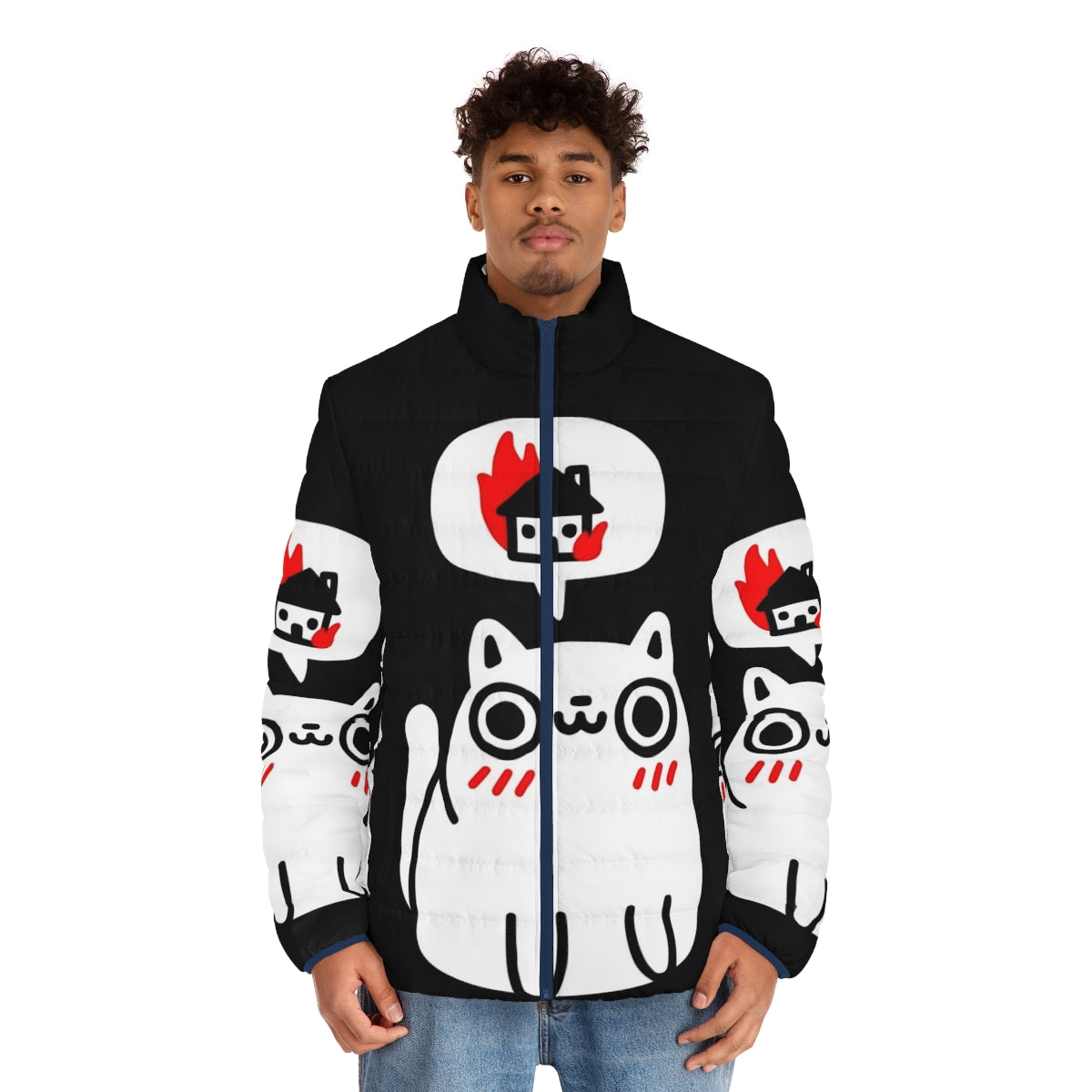 Puffer jacket with a playful cat design - men front