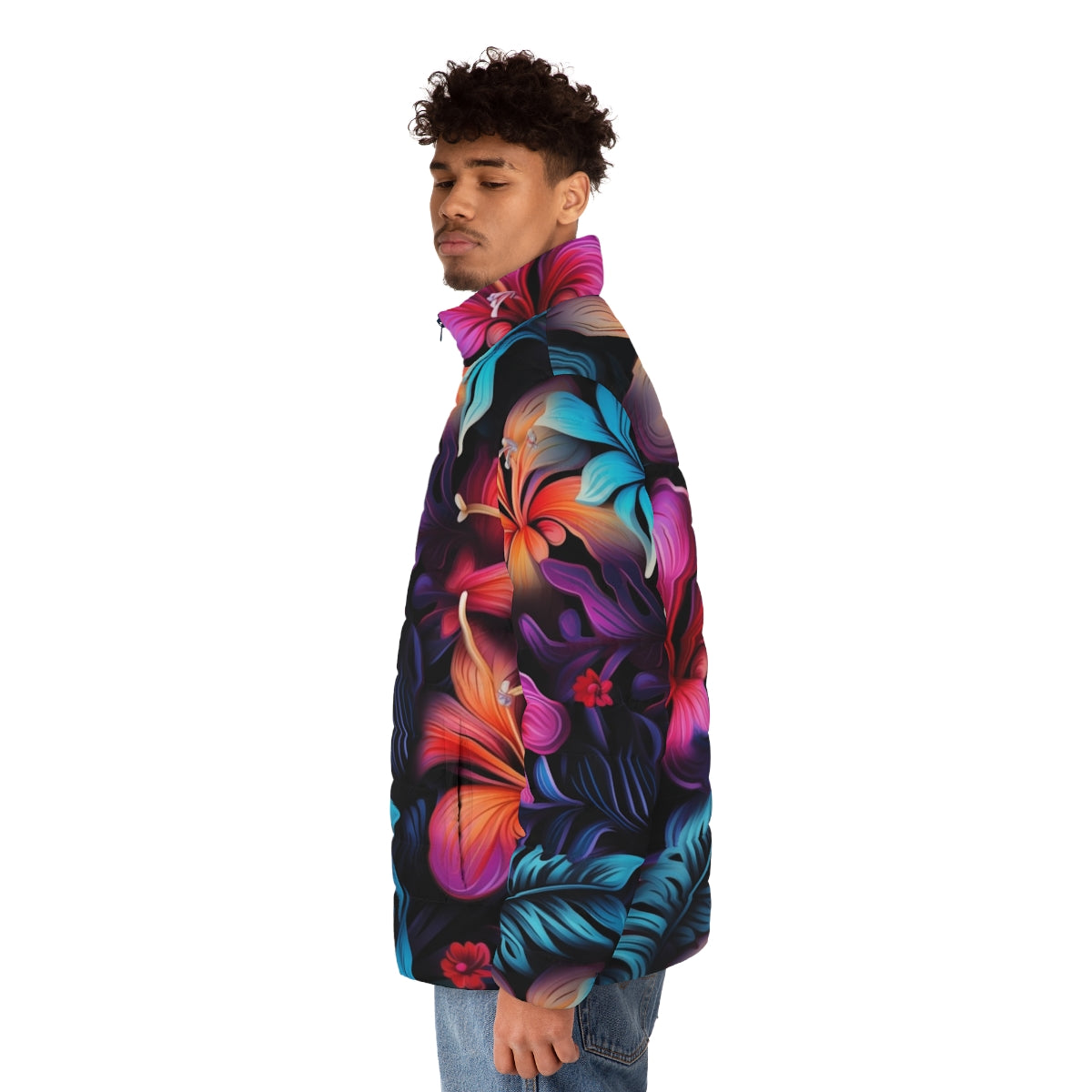 A dark puffer jacket with a vibrant Hawaiian pattern and bioluminescent-inspired floral design - men side left