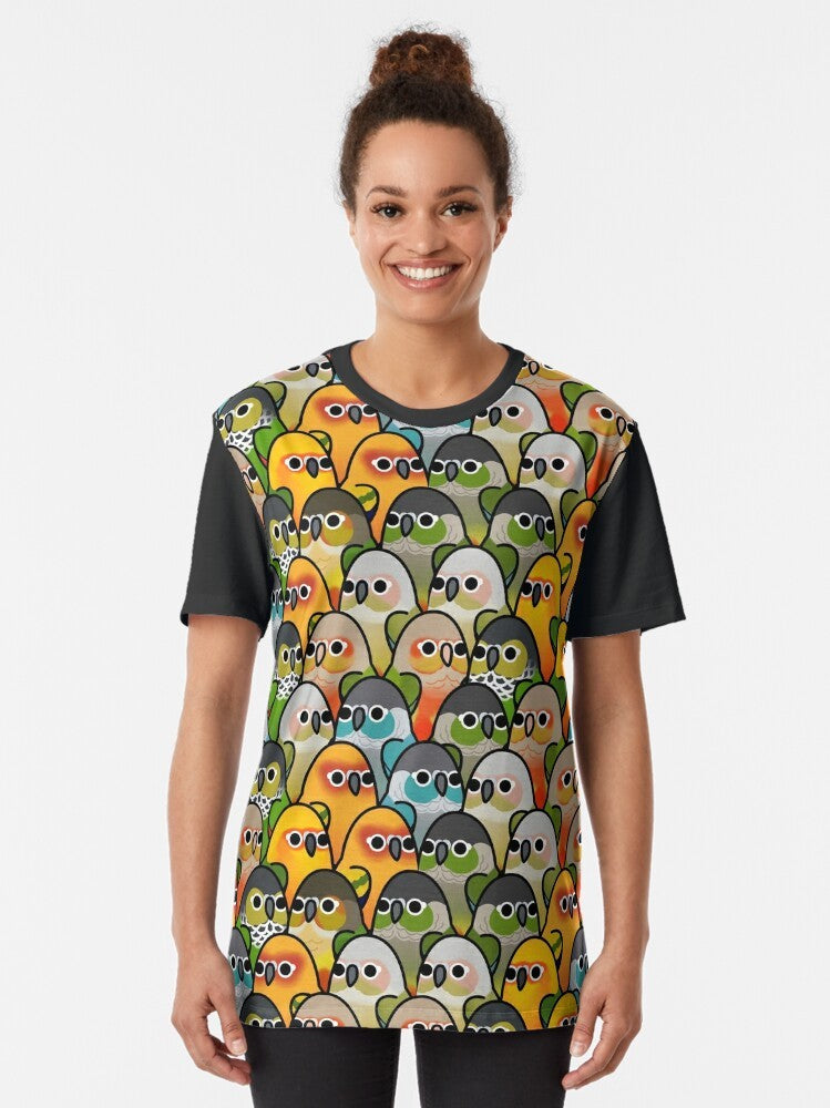 Conure Squad Bird Graphic T-Shirt, featuring a colorful flock of birds - Women