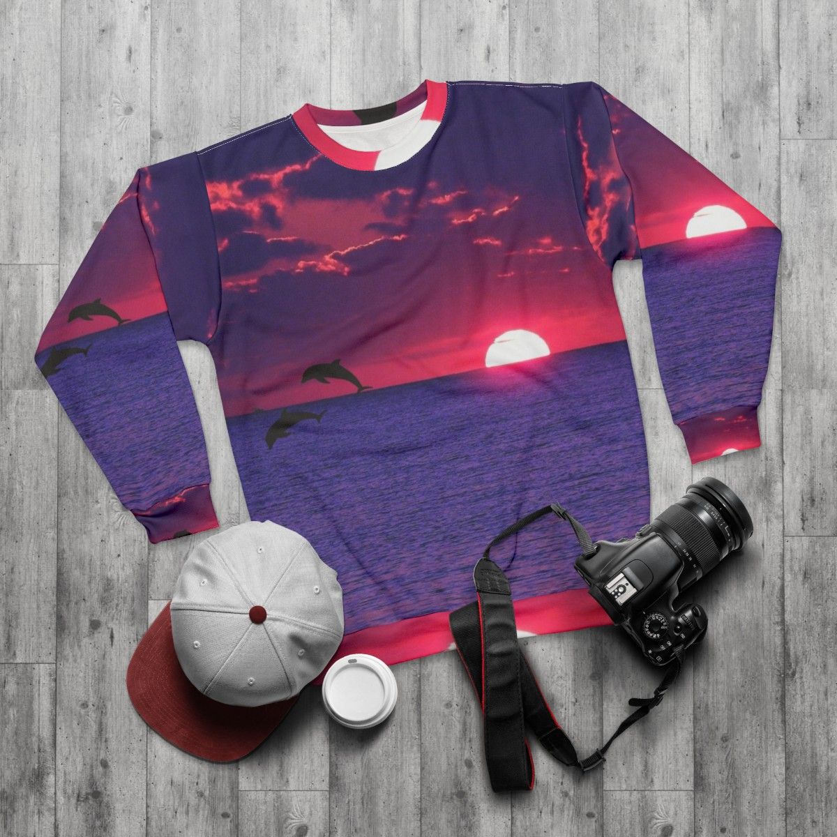 Bright colorful sunset beach sweatshirt - flat lay