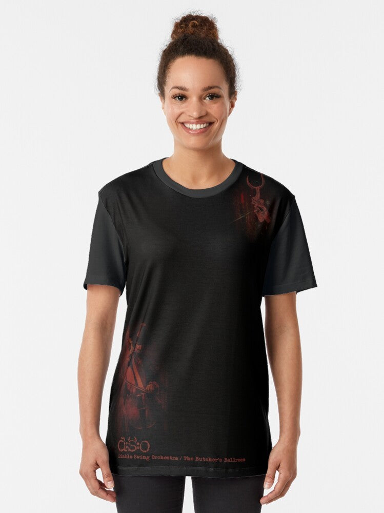 A graphic t-shirt featuring a bold design of a butcher's ballroom with violin, ballet, and orchestra elements. - Women