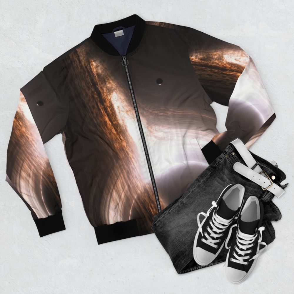 Interstellar black hole bomber jacket with cosmic, galaxy, and star design - Flat lay