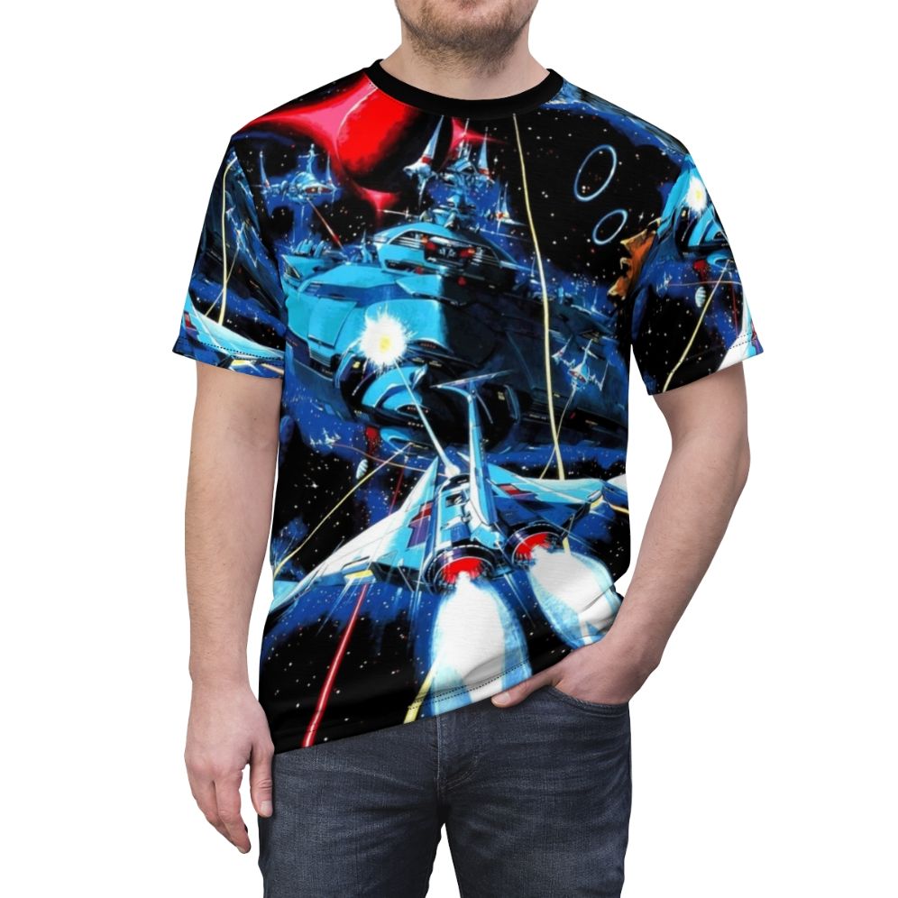 Retro gaming t-shirt featuring pixelated spaceship from the classic shoot 'em up arcade game Gradius. - men front