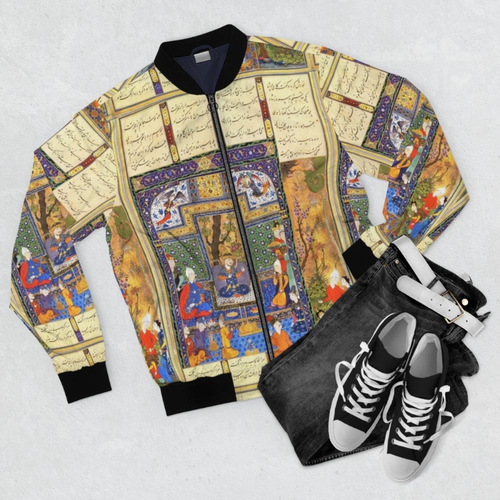 A bomber jacket featuring Persian calligraphy and modern Iranian art design. - Flat lay