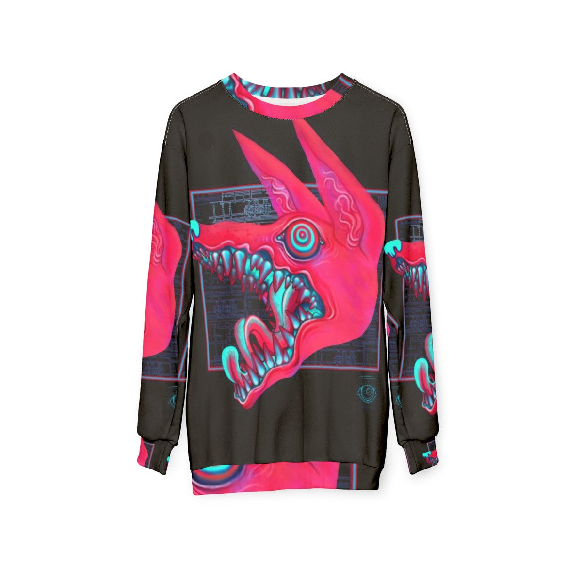 Creepy canine sweatshirt with pastel colored teeth and eyes - hanging