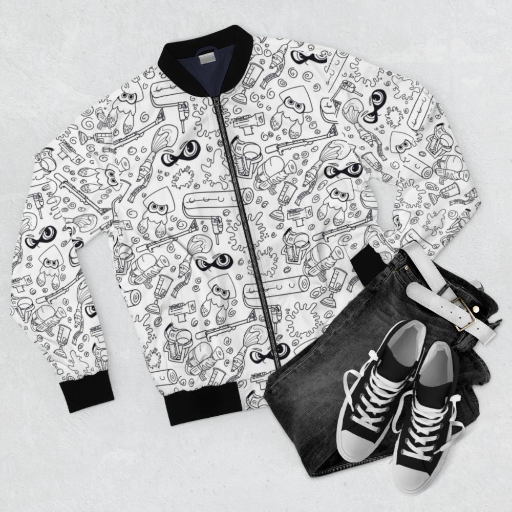 Colorful bomber jacket featuring Splatoon inklings and octolings characters - Flat lay