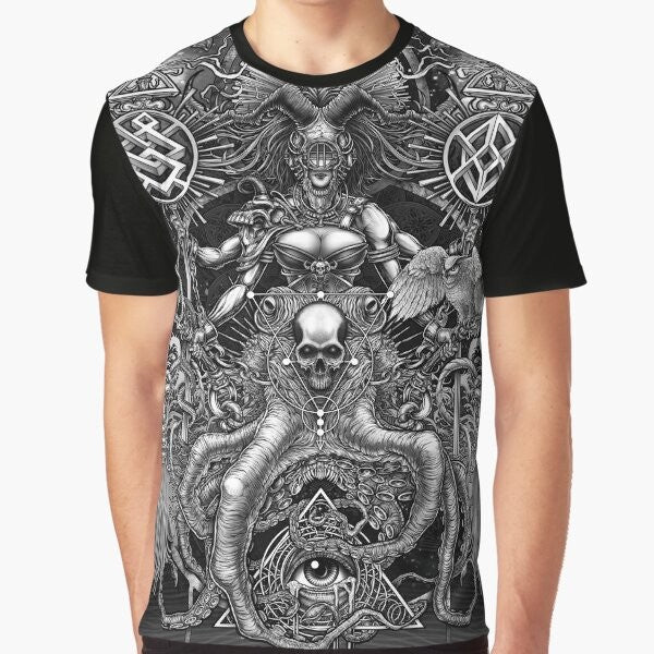 A striking black and white graphic tee featuring a surreal octopus skull design with occult and fantasy elements.