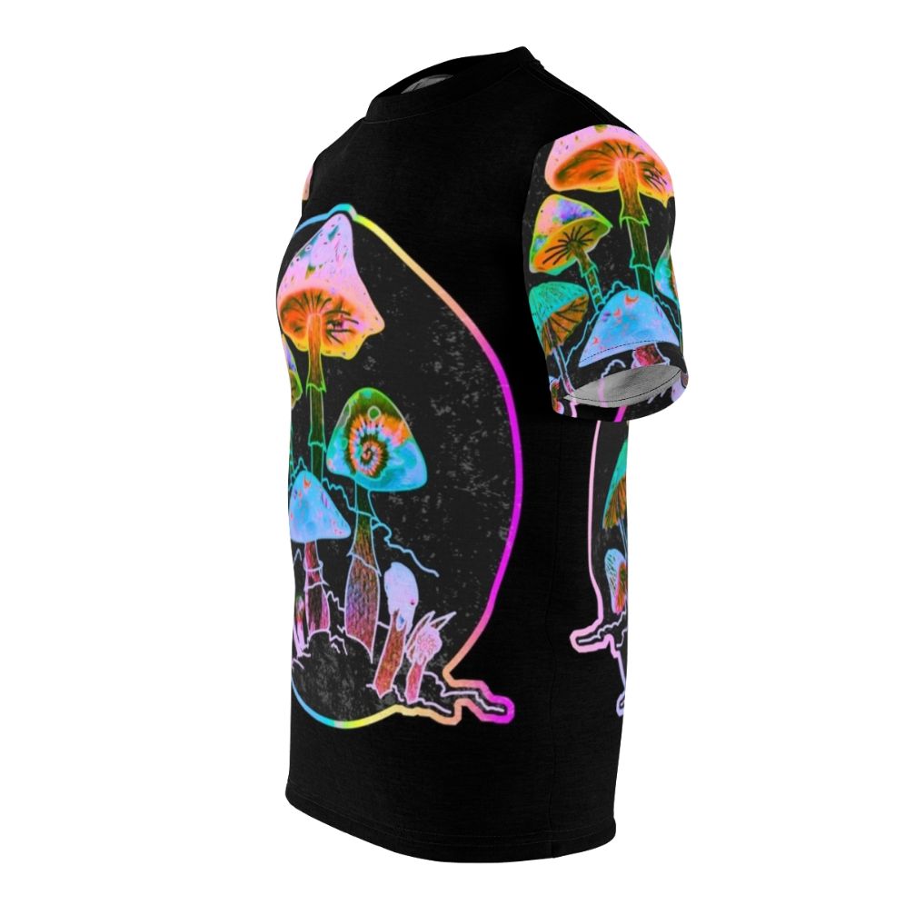 Trippy mushroom design t-shirt with colorful, psychedelic, and consciousness-themed graphics - men left