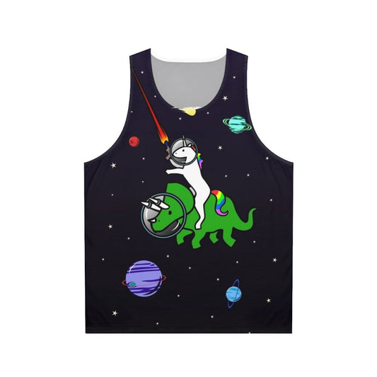 Unicorn riding triceratops in space unisex tank top