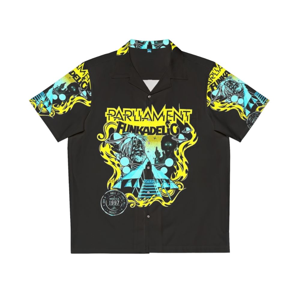 Funkadelic-inspired Hawaiian shirt with retro 70s music graphics