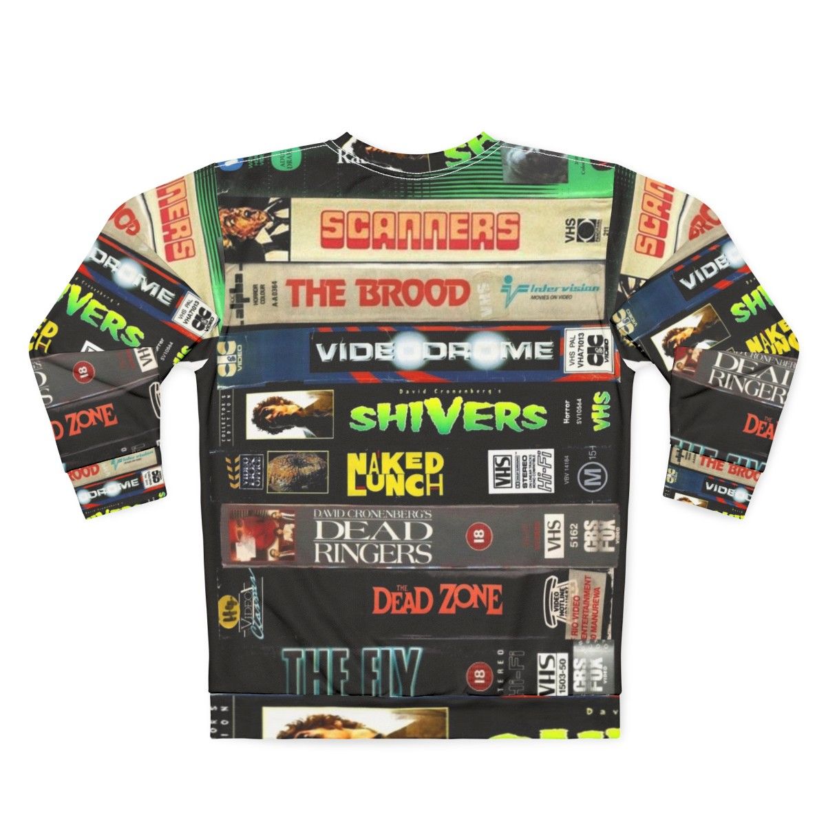 Cronenberg VHS Collection Sweatshirt featuring iconic horror and sci-fi movie designs - Back