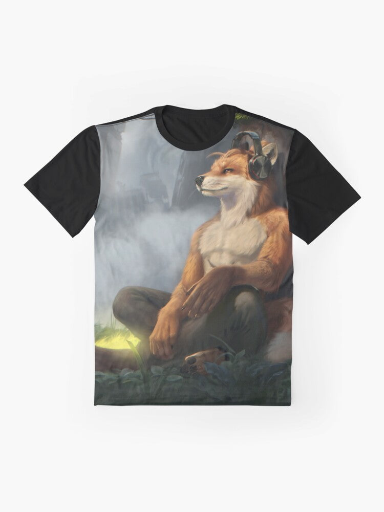 Relaxing graphic t-shirt featuring an anthropomorphic fox or canine character - Flat lay