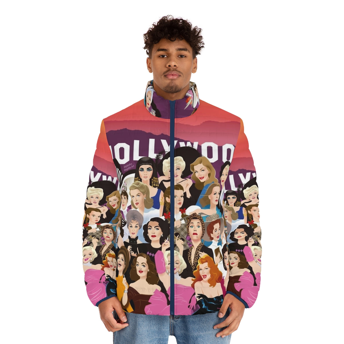 Luxurious puffer jacket with Alejandro Mogollo's Hollywood-inspired art - men front