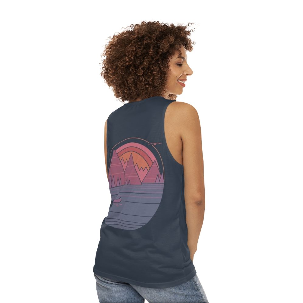 Unisex mountain landscape tank top - women back