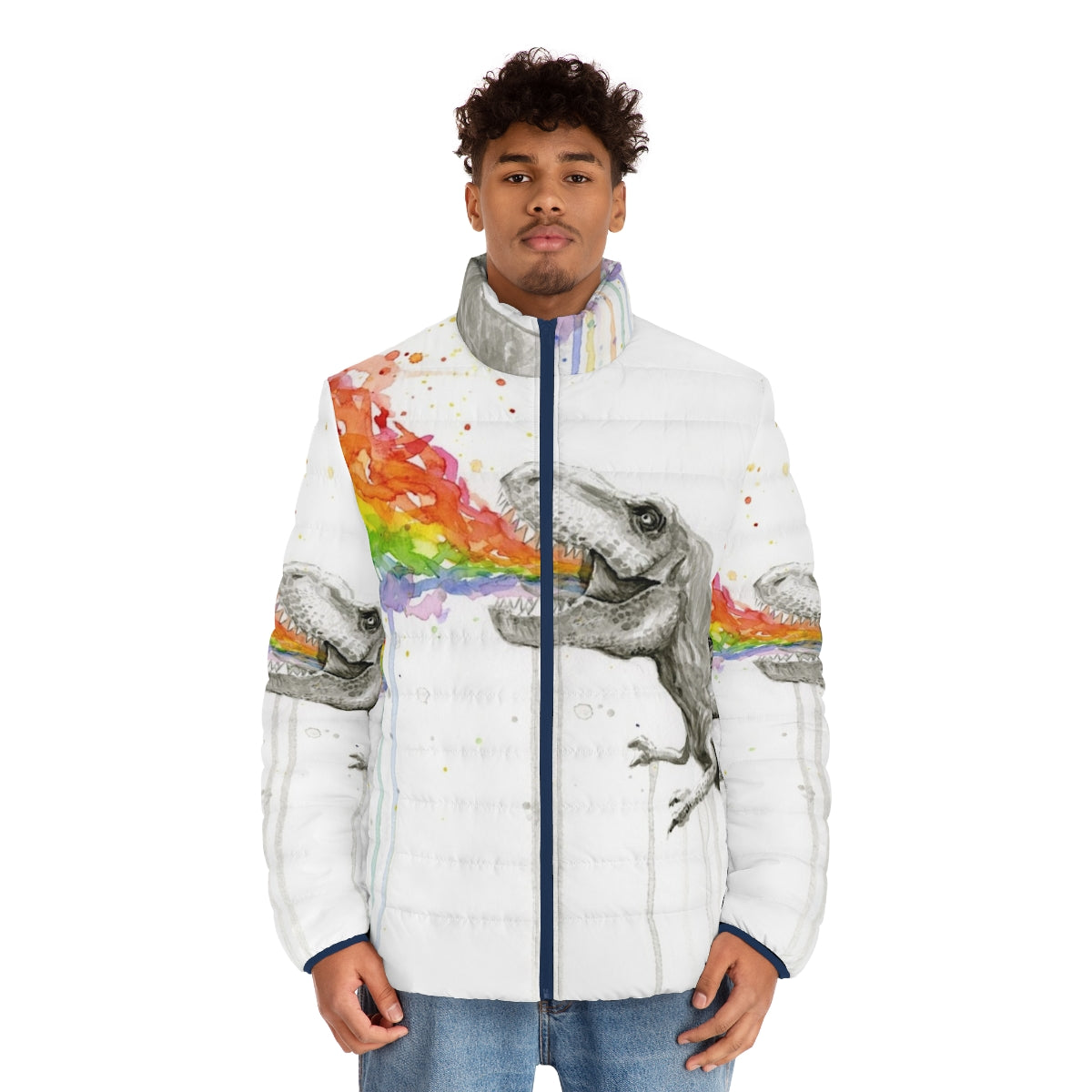 Colorful puffer jacket featuring a whimsical T-Rex dinosaur in a rainbow watercolor design - men front