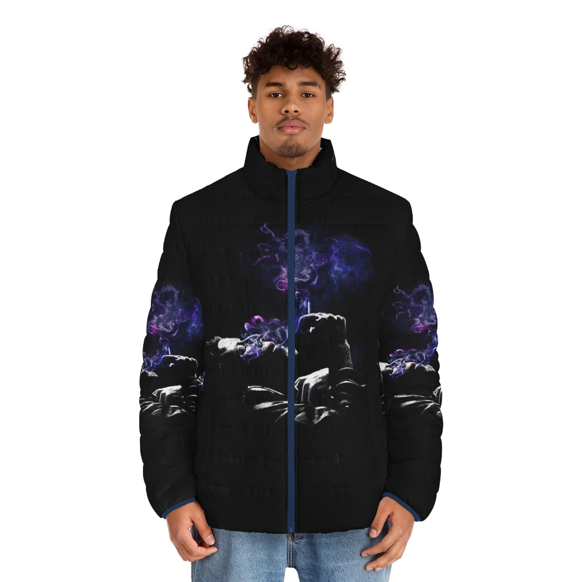 Photorealistic image of a Tom Waits-inspired puffer jacket with a smoking nebula design - men front