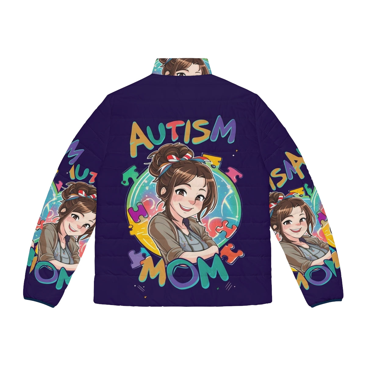 Autism Mom Puffer Jacket with Superhero and Inspiring Design - Back