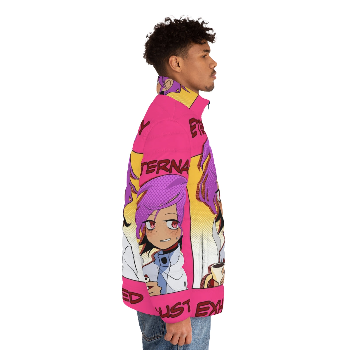 Anime-style puffer jacket with a tired, coffee-fueled design - men side right