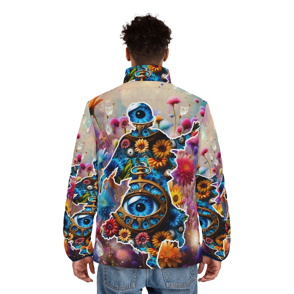 Flowerful Marsha P. Johnson inspired puffer jacket with flower power design - men back