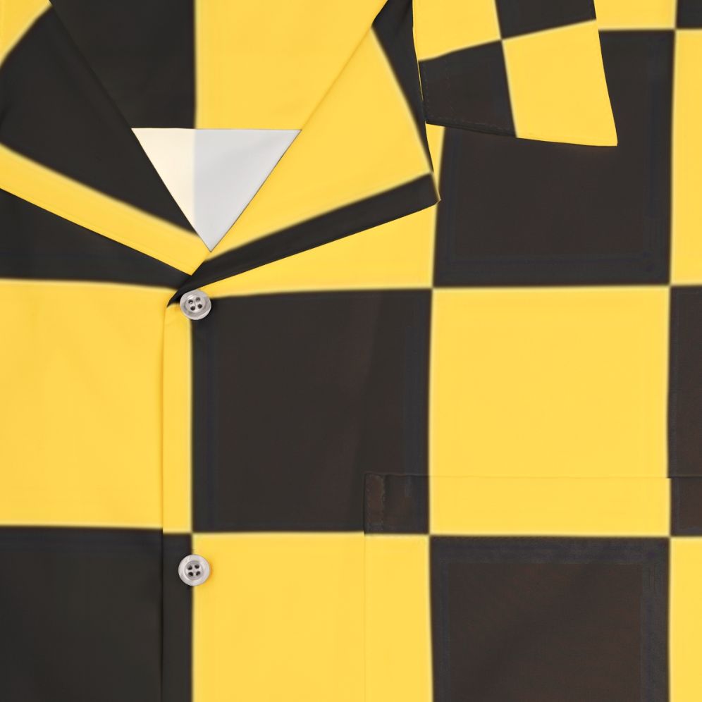 Man wearing a bold black and yellow checkered Hawaiian shirt - Detail