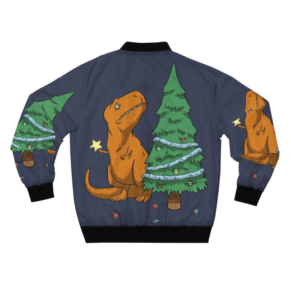 A funny t-rex bomber jacket with tiny arms and a festive holiday design, perfect for kids during the winter season. - Back