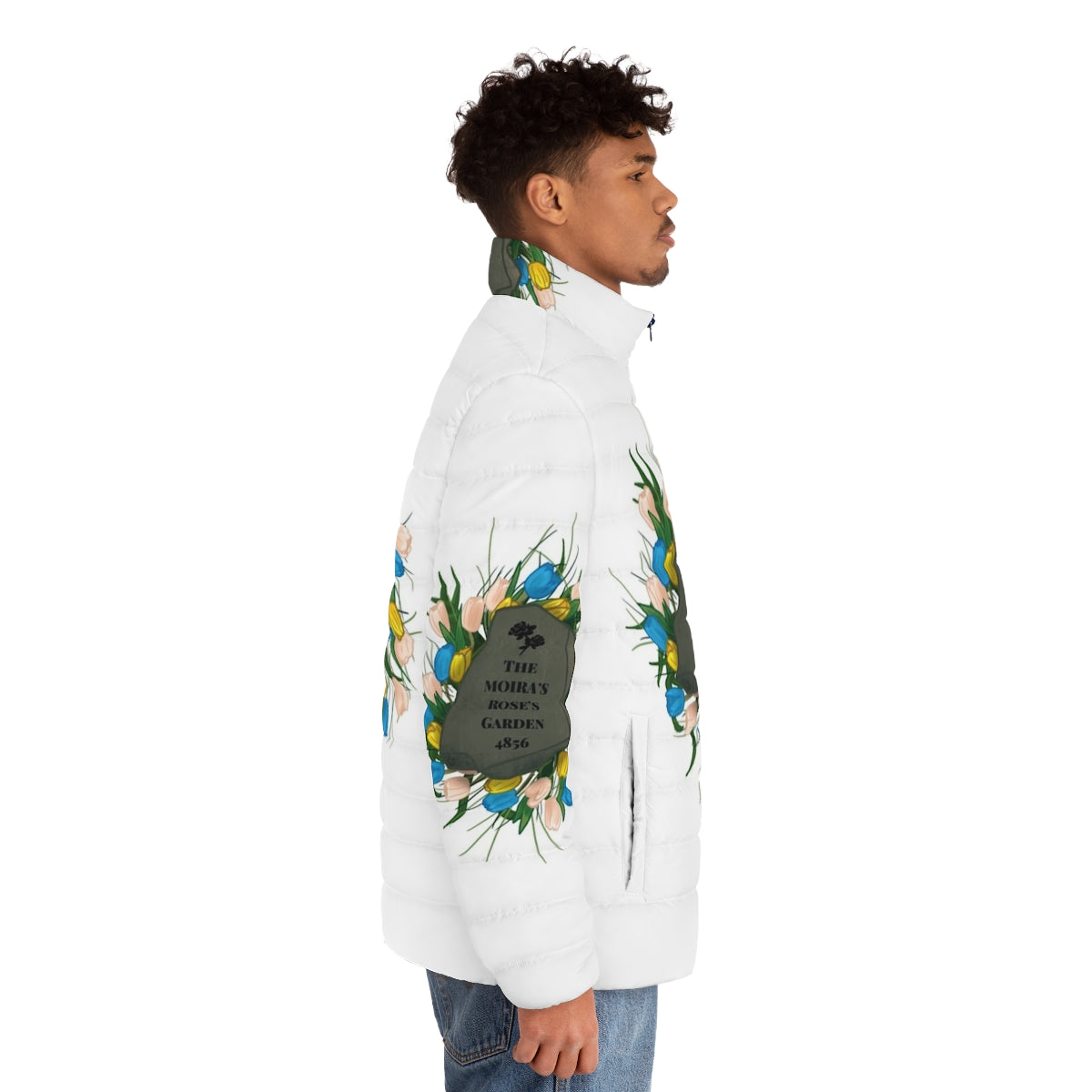 Moira Rose puffer jacket with floral garden design, Schitt's Creek fan art - men side right