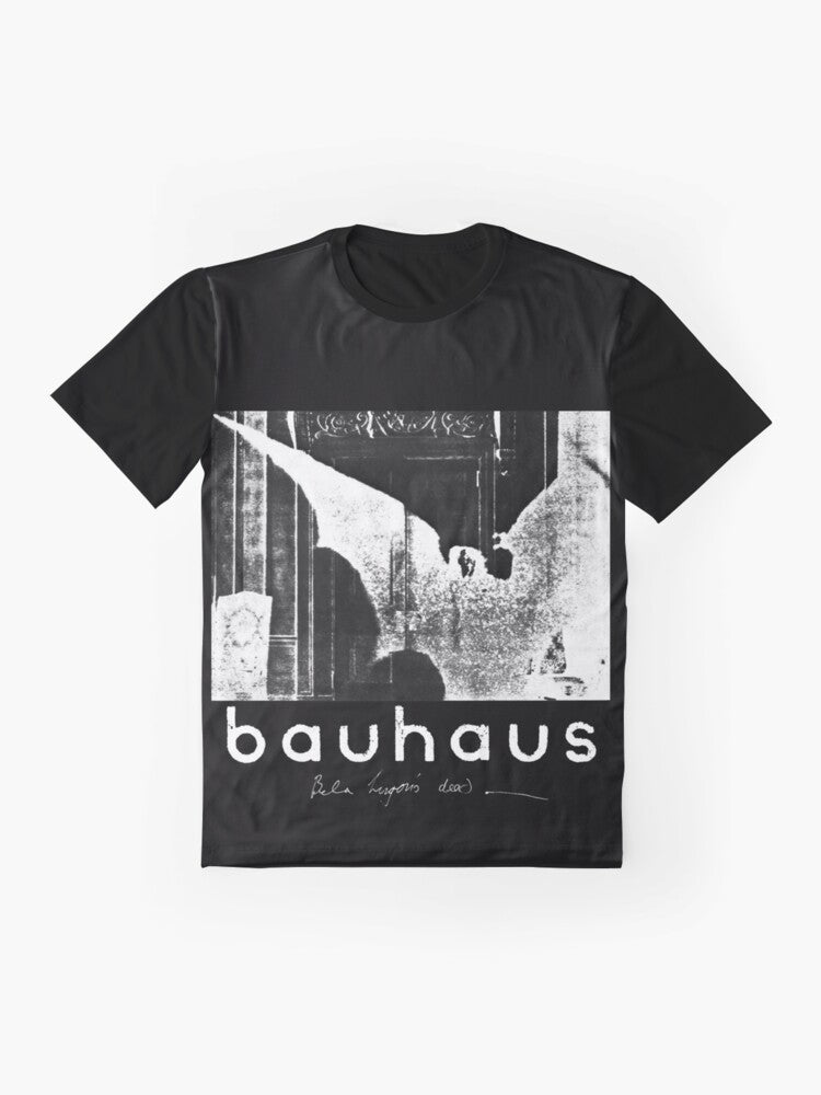 Retro 80s horror graphic t-shirt featuring Bela Lugosi's Dead Bauhaus inspired black and white artwork - Flat lay