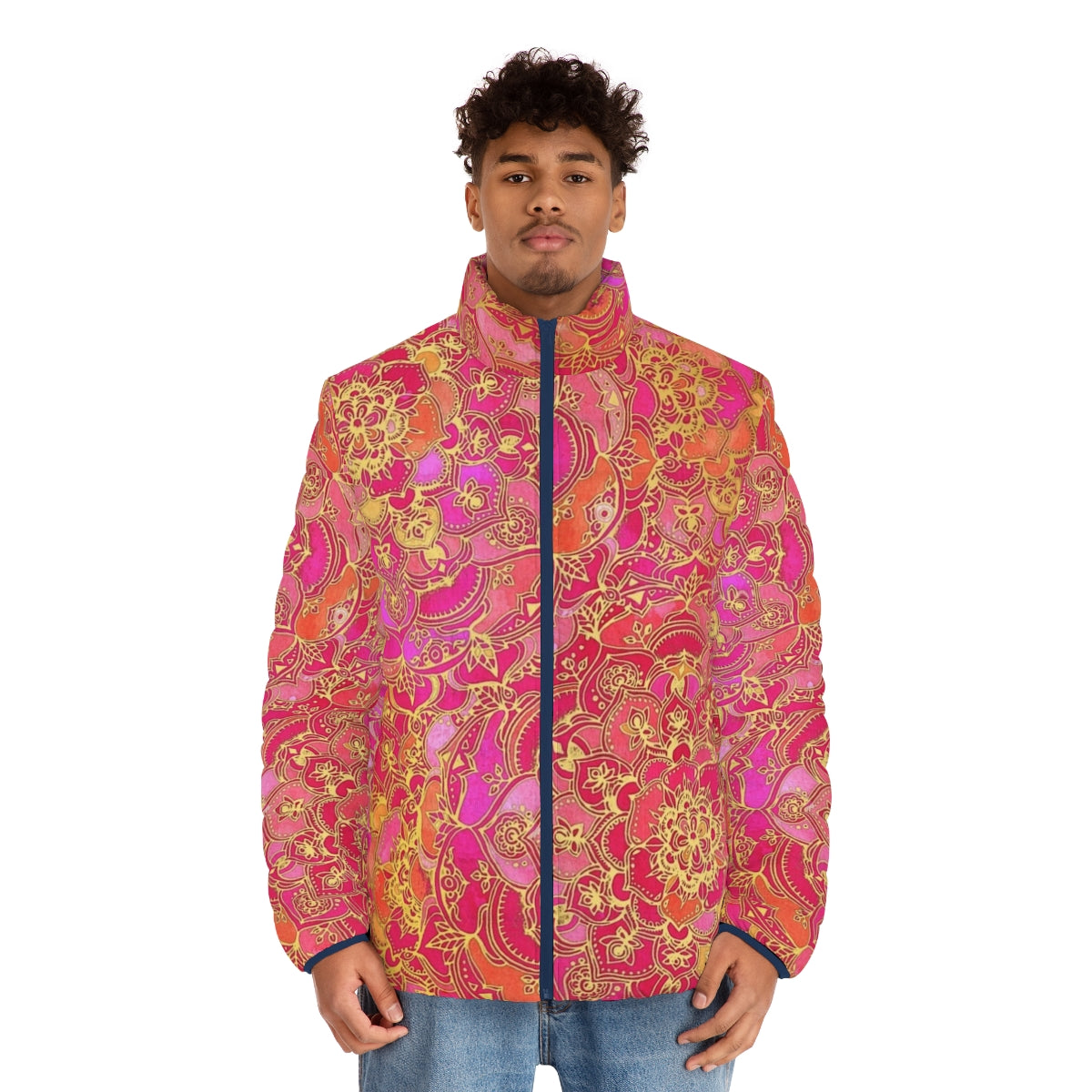 Hot pink and gold baroque floral patterned puffer jacket - men front