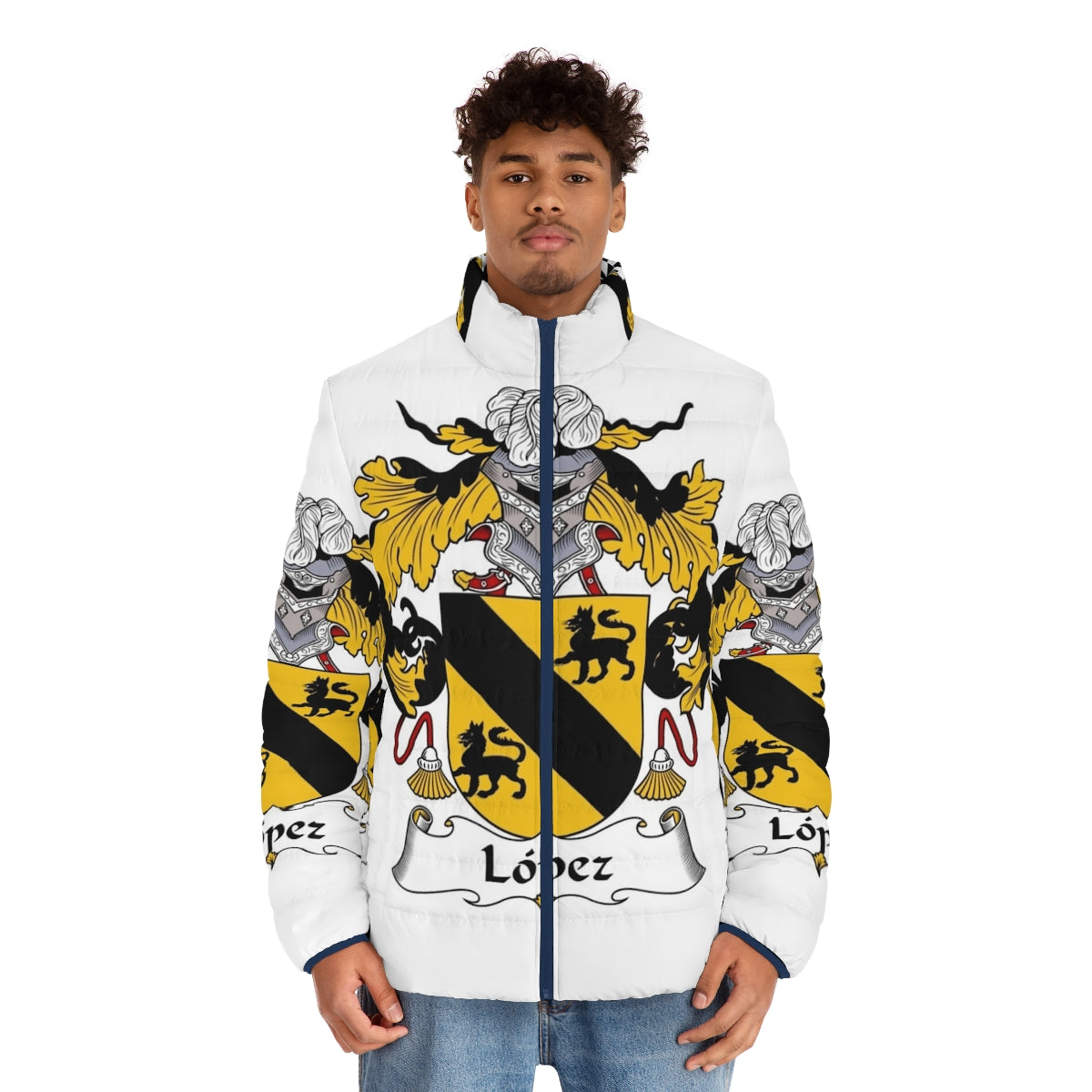 Lopez Coat of Arms Family Crest Puffer Jacket featuring a Spanish heritage design - men front