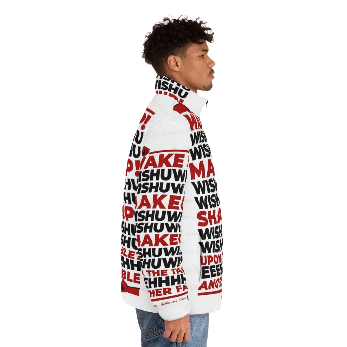 Chop Suey Puffer Jacket featuring the iconic System of a Down song lyrics - men side right