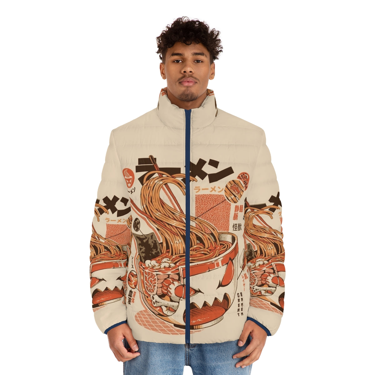 X-ray puffer jacket with ramen and kaiju monster design - men front